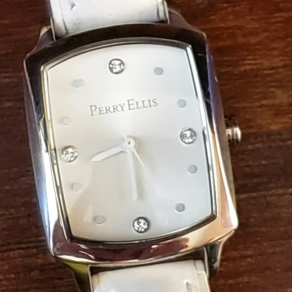 Perry Ellis White Leather Band Silver Rectangle Face Diamond Accent Wrist Watch